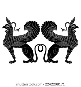 Symmetrical animal design with two fantastic winged griffins. Ancient Greek antique motif. Black and white silhouette. Isolated vector illustration. 
