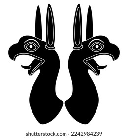 Symmetrical animal design with two fantastic griffin or dragon heads. Ancient Greek or Scythian art. Black and white silhouette.