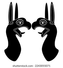 Symmetrical animal design with two fantastic griffin or dragon heads. Ancient Greek or Scythian art. Black and white silhouette.