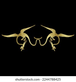 Symmetrical animal design with two fantastic winged dragons. Medieval illuminated manuscript style. Golden glossy silhouette on black background.