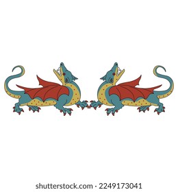 Symmetrical animal design with two fantastic winged medieval dragons. Isolated vector illustration.