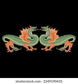 Symmetrical animal design with two fantastic medieval dragons. On black background.