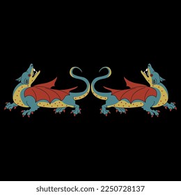 Symmetrical animal design with two fantastic winged medieval dragons. On black background.