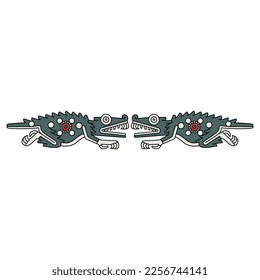 Symmetrical animal design with two fantastic crocodile monsters. Native American animal design of Aztec Indians from Mexican codex. Isolated vector illustration.