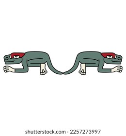 Symmetrical animal design with two fantastic animals. Native American art of Aztec Indians from Mexican codex. Isolated vector illustration.