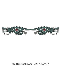 Symmetrical animal design with two fantastic crocodile monsters. Native American animal design of Aztec Indians from Mexican codex. Isolated vector illustration.
