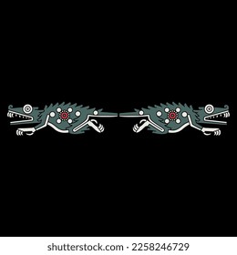 Symmetrical animal design with two fantastic crocodile monsters. Native American animal design of Aztec Indians from Mexican codex. On black background.