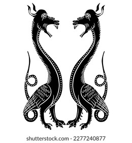 Symmetrical animal design with two fantastic medieval dragons. Illuminated manuscript animal design. Black and white silhouette.