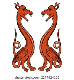 Symmetrical animal design with two fantastic medieval dragons. Illuminated manuscript style. Red and black silhouettes on white background. Isolated vector illustration.
