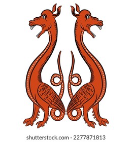 Symmetrical animal design with two fantastic medieval dragons. Illuminated manuscript style. Red and black silhouettes on white background. Isolated vector illustration.