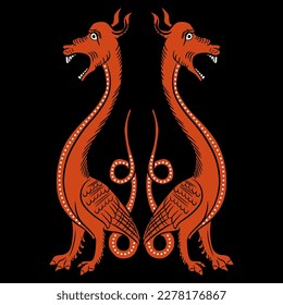 Symmetrical animal design with two fantastic medieval dragons. Illuminated manuscript style. Red silhouettes on black background.