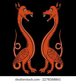 Symmetrical animal design with two fantastic medieval dragons. Illuminated manuscript style. Red silhouettes on black background.