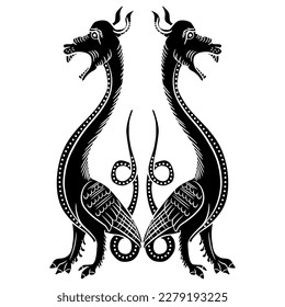 Symmetrical animal design with two fantastic medieval dragons. Illuminated manuscript animal design. Black and white silhouette.