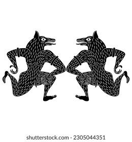 Symmetrical animal design with two fantastic wolf men. Ancient Etruscan vase painting motif. Black and white silhouette.