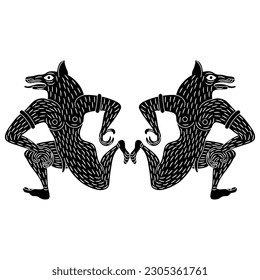 Symmetrical animal design with two fantastic wolf men. Ancient Etruscan vase painting motif. Black and white silhouette.