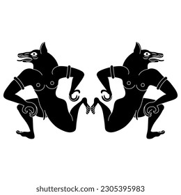 Symmetrical animal design with two fantastic wolf men. Ancient Etruscan vase painting motif. Black and white silhouette.