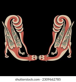 Symmetrical animal design with two fantastic medieval dragons. Illuminated manuscript style. On black background.