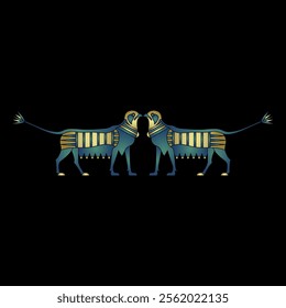 Symmetrical animal design with two fantastic griffins with lotus tails. Ancient Egyptian symbol. Blue and gold on black background.