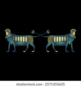 Symmetrical animal design with two fantastic griffins with lotus tails. Ancient Egyptian symbol. Blue and gold on black background.