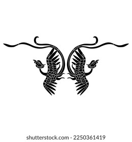 Symmetrical animal design with two flying birds. Ethnic Chinese cranes or phoenixes. Black and white silhouette.