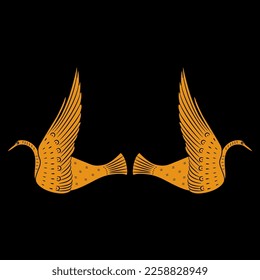 Symmetrical animal design with two flying birds. Swan or dove. Ancient Greek vase painting style. Orange silhouettes on black background.