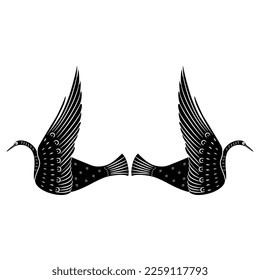 Symmetrical animal design with two flying birds. Swan or dove. Ancient Greek vase painting style. Black and white negative silhouette.