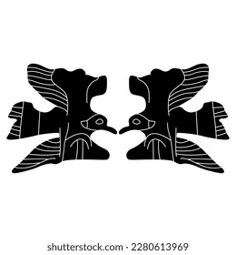 Symmetrical animal design with two flying birds. Ancient Greek vase painting style. Black and white negative silhouette.