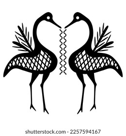 Symmetrical animal design with two funny standing birds holding wriggling worms in their beaks. Archaic ancient Greek vase painting folk style. Black and white silhouette.