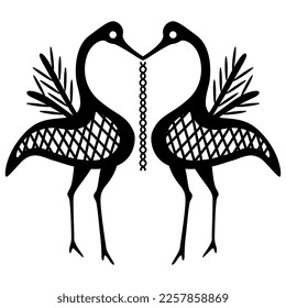 Symmetrical animal design with two funny standing birds holding a chain in their beaks. Archaic ancient Greek vase painting folk style. Black and white silhouette.