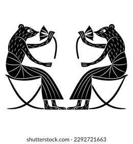 Symmetrical animal design with two funny lady mice or rats in skirts seated in chairs and smelling lotus flowers. Ancient Egyptian art. Black and white negative silhouette.