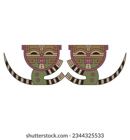 Symmetrical animal design with two funny tabby kittens or cats with striped tails. Native American art from ancient Paracas, Peru. Isolated vector illustration.