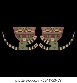 Symmetrical animal design with two funny tabby kittens or cats with striped tails. Native American art from ancient Paracas, Peru. On black background.