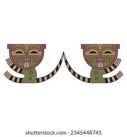 Symmetrical animal design with two funny tabby kittens or cats with striped tails. Native American art from ancient Paracas, Peru. Isolated vector illustration.