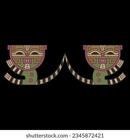 Symmetrical animal design with two funny tabby kittens or cats with striped tails. Native American art from ancient Paracas, Peru. On black background.