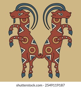 Symmetrical animal design with two funny dancing goat. Ancient Iranian folk motif from Sogdia or Sogdiana. 