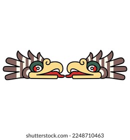 Symmetrical animal design with two heads of fantastic bird of prey from Mexican codex. Native American art of Aztec Indians. Isolated vector illustration.