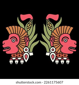 Diseño animal simétrico con dos cabezas de mono con arete y corona de maíz. Ozomatli. Arte nativo americano de indios aztecas. Del códice mexicano. Sobre fondo negro.