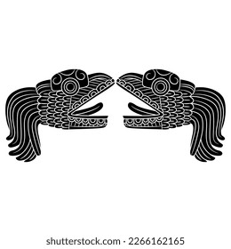 Symmetrical animal design with two heads of Quetzalcoatl. Feathered serpent of Maya Indians. Native American dragon from Indigenous mythology. Black and white silhouette.