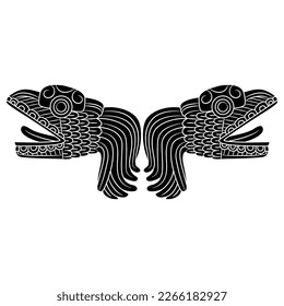 Symmetrical animal design with two heads of Quetzalcoatl. Feathered serpent of Maya Indians. Native American dragon from Indigenous mythology. Black and white silhouette.