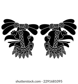 Symmetrical animal design with two heads of a vulture bird or turkey. Ethnic animal design of Aztec Indians from Mexican codex. Black and white negative silhouette.