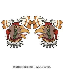 Symmetrical animal design with two heads of a vulture bird or turkey. Ethnic animal design of Aztec Indians from Mexican codex. Isolated vector illustration.
