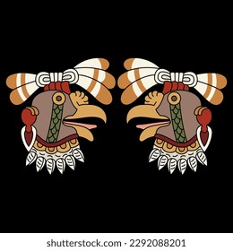 Symmetrical animal design with two heads of a vulture bird or turkey. Ethnic animal design of Aztec Indians from Mexican codex. On black background.