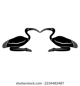 Symmetrical animal design with two ibises. Ancient Egyptian sacred bird. Black and white silhouette.