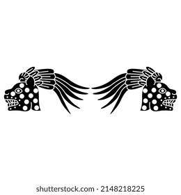 Symmetrical animal design with two jaguar heads in plume crowns. Native American art of Aztec Indians from Mexican codex. Black and white silhouette.