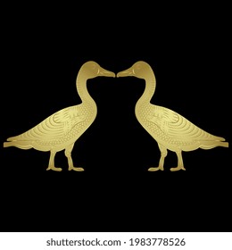 Symmetrical animal design with two kissing goose or duck birds in profile. Ancient Egyptian style. Golden glossy silhouette on black background.