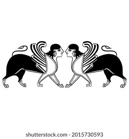 Symmetrical Animal Design With Two Kissing Antique Sphinxes. Fantastic Winged Lion With Female Head. Ancient Greek Mythology. Vase Painting Style. Black And White Silhouette.