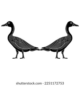 Symmetrical animal design with two kissing goose or duck birds in profile. Ancient Egyptian style. Hand drawn linear doodle rough sketch. Black silhouette on white background.