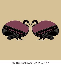 Symmetrical animal design with two kissing birds. Swan or waterfowl. Ancient Greek vase painting style. 