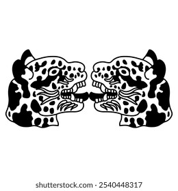 Design de animal simétrico com duas cabeças beijando de jaguar ou gato-jaguatirica. Arte indígena ameríndia de índios astecas ou mixtecas do códice mexicano. Silhueta em preto e branco.