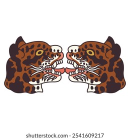 Symmetrical animal design with two kissing heads of jaguar or ocelot cat. Indigenous Native American art of Aztec or Mixtec Indians from Mexican codex.